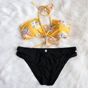 Express Yellow Black Floral Print Bikini Swim Set Size Large NWOT